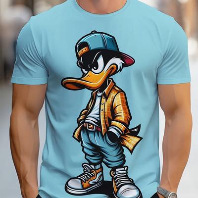 TEMU Men's Casual T-shirt With Stylish Print - Light Blue, Short Sleeve, Crew Neck, Soft Fabric, Outdoor Activities And Casual Attire Image