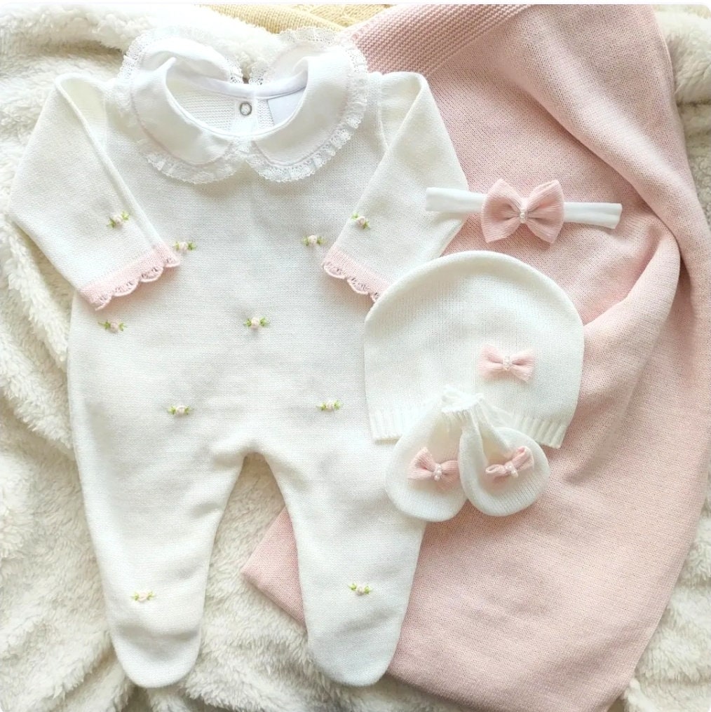 "Vestito per neonata che torna a casa, vestito lavorato a maglia per neonati, set per neonati spagnolo \"Portami a casa\", vestito con fiori ricamati, se"