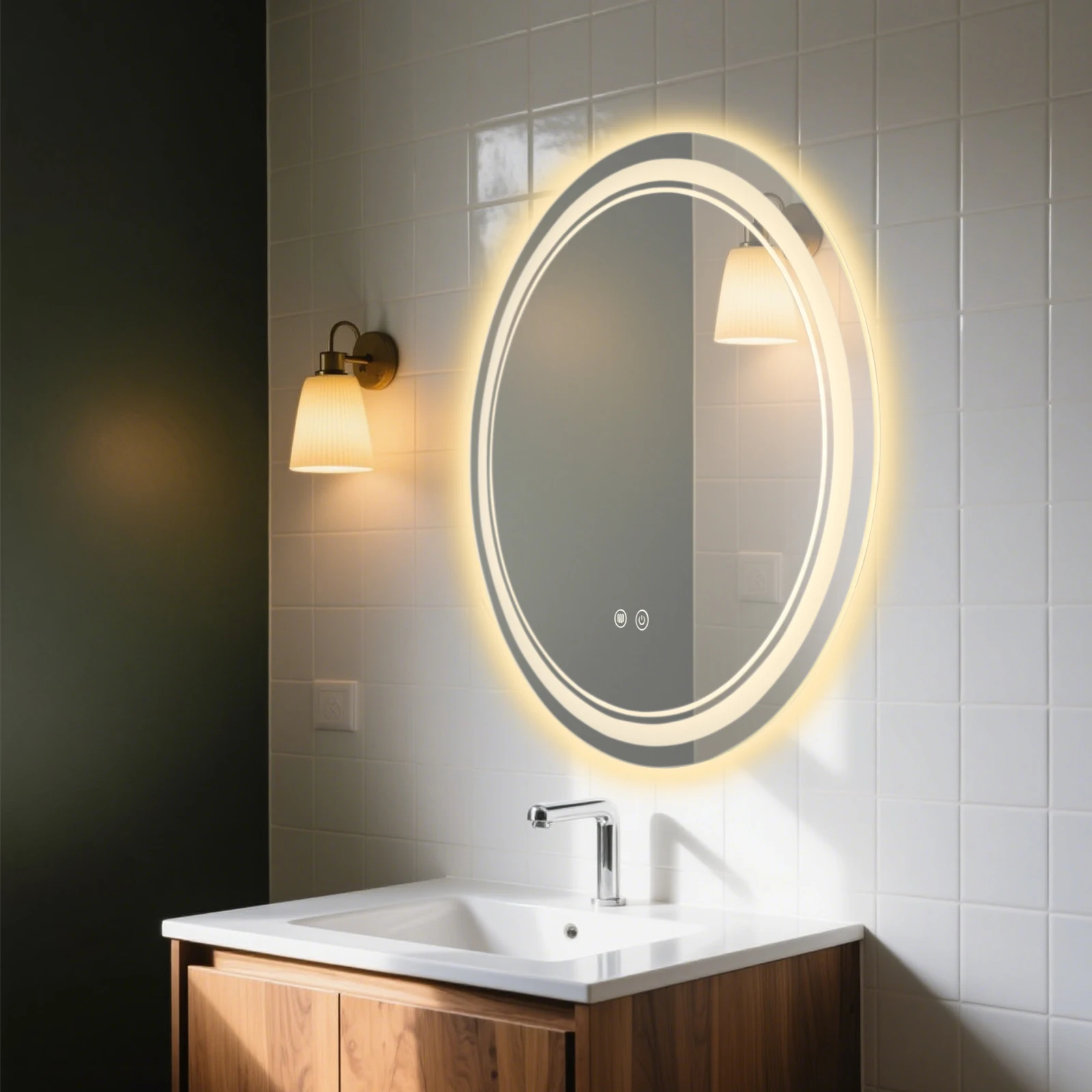 Specchio da bagno a LED, Specchio da bagno a parete a LED da 60 cm, Specchio da bagno rotondo dimmerabile Specchio da bagno illuminato antiappannamento