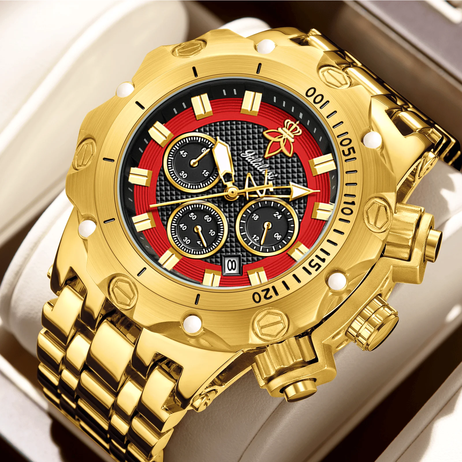 YaLaLuSi Montre de luxe multifonctionnelle pour homme, bracelet doré avec cadran atmosphérique, coffret cadeau tendance et pratique