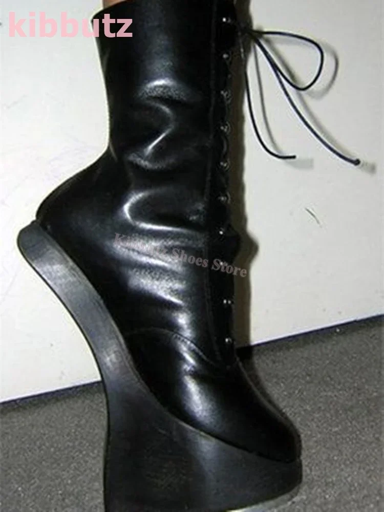 Plateau-Stiefeletten zum Schnüren, echtes Leder, Reißverschlüsse, einfarbig, spitze Zehen, höhenvergrößernd, modisch, luxuriös, sexy Schuhe