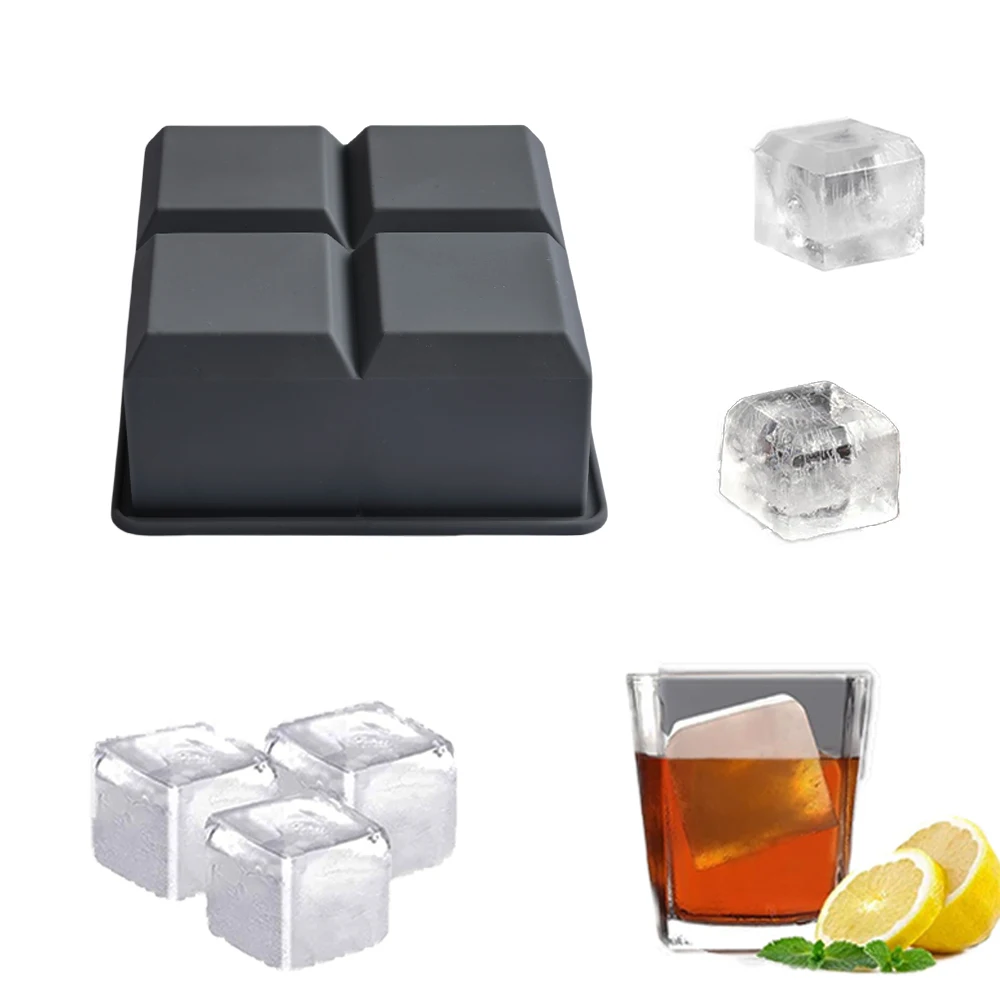 1 Stück (4-Loch) quadratische Eisgitter-Silikonform, zur Herstellung von Eiswürfeln, zum Kühlen von Whisky- und Cocktailgetränken, wiederverwendbare Eisform Image