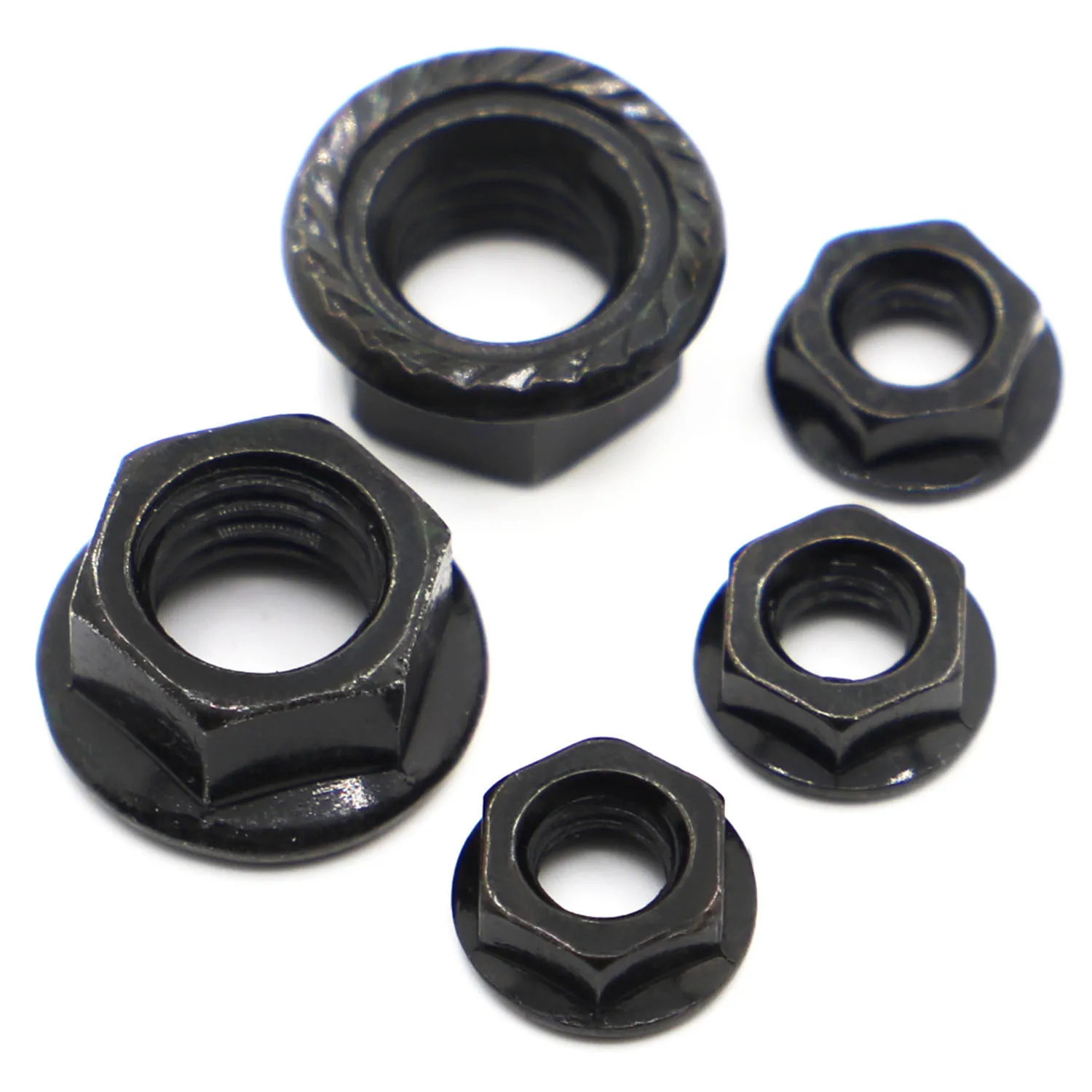 5–50 Stück M3 M4 M5 M6 M8 M10 M12 Sechskant-Flanschmutter, Flansch-Sicherungsmutter aus schwarzem Kohlenstoffstahl, DIN6923 gezahnte Slip-Sicherungsmutter Image