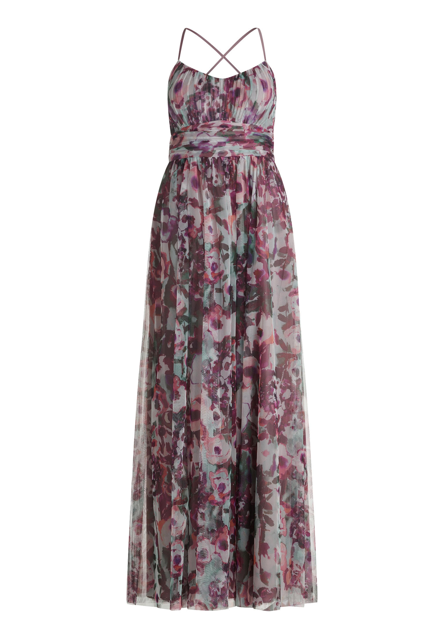 Abendkleid VERA MONT "Vera Mont Damen Abendkleid mit Blumenprint", Damen, Gr. 44, Normalgrößen, bunt (lila, grün), Tüll, Obermaterial: 100% Polyester., festlich, ausgestellt lang, Kleider Image