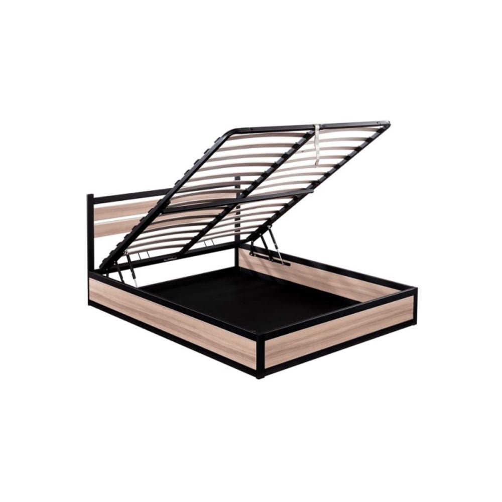 Lit coffre et tête de lit style industriel bois et métal 180x200 cm