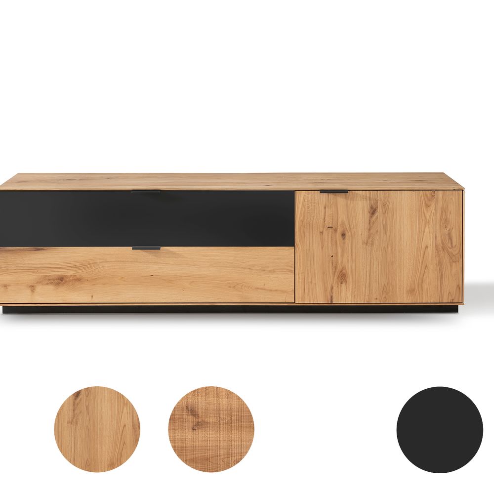 Massivholz »Lugano« Lowboard V mit Holzsockel glatte Front / obere Schublade in Anthrazitglas Image