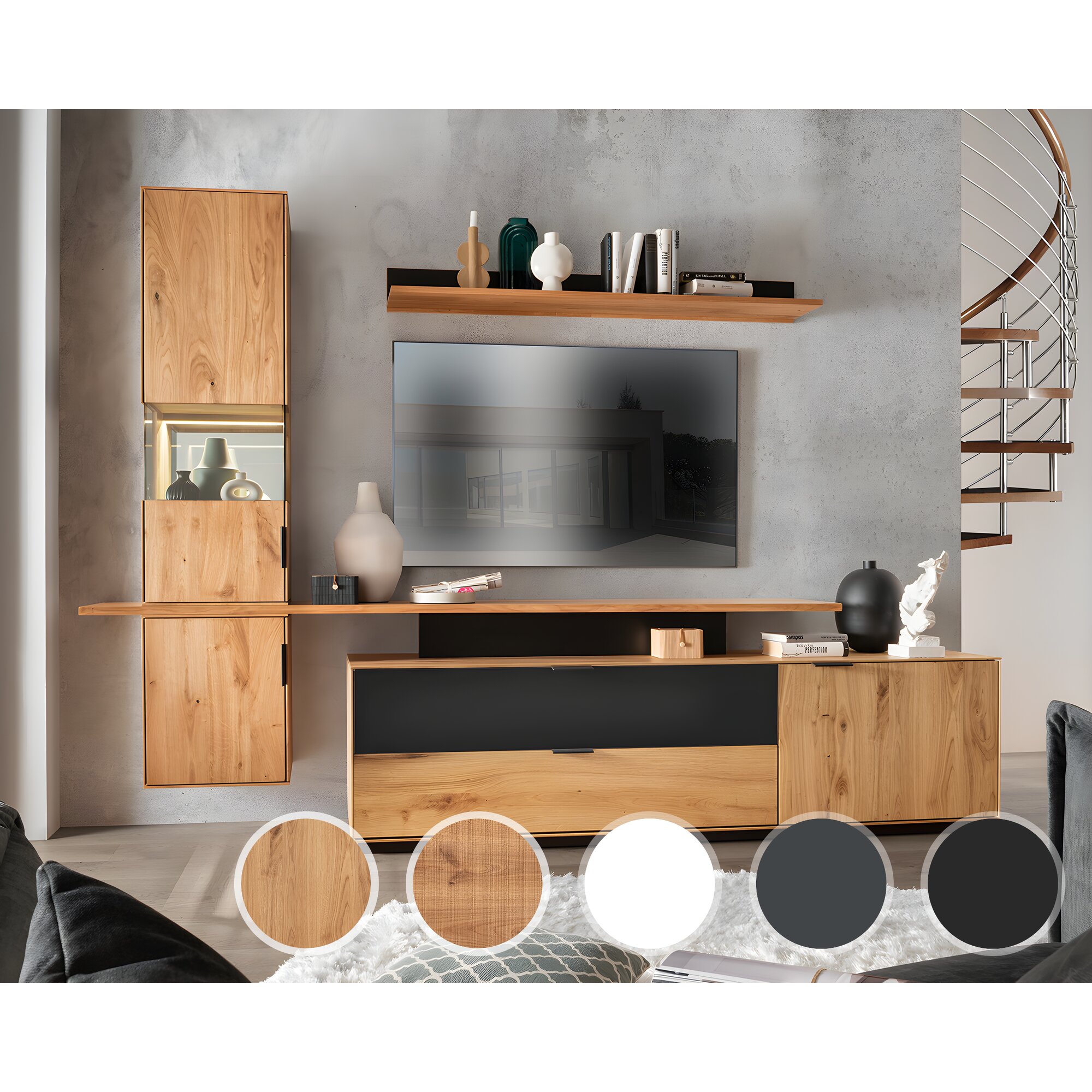 Massivholz »Lugano« Wohnwand glatte Front / obere Schublade in Anthrazitglas / Aufsatz Fuß Anthrazit