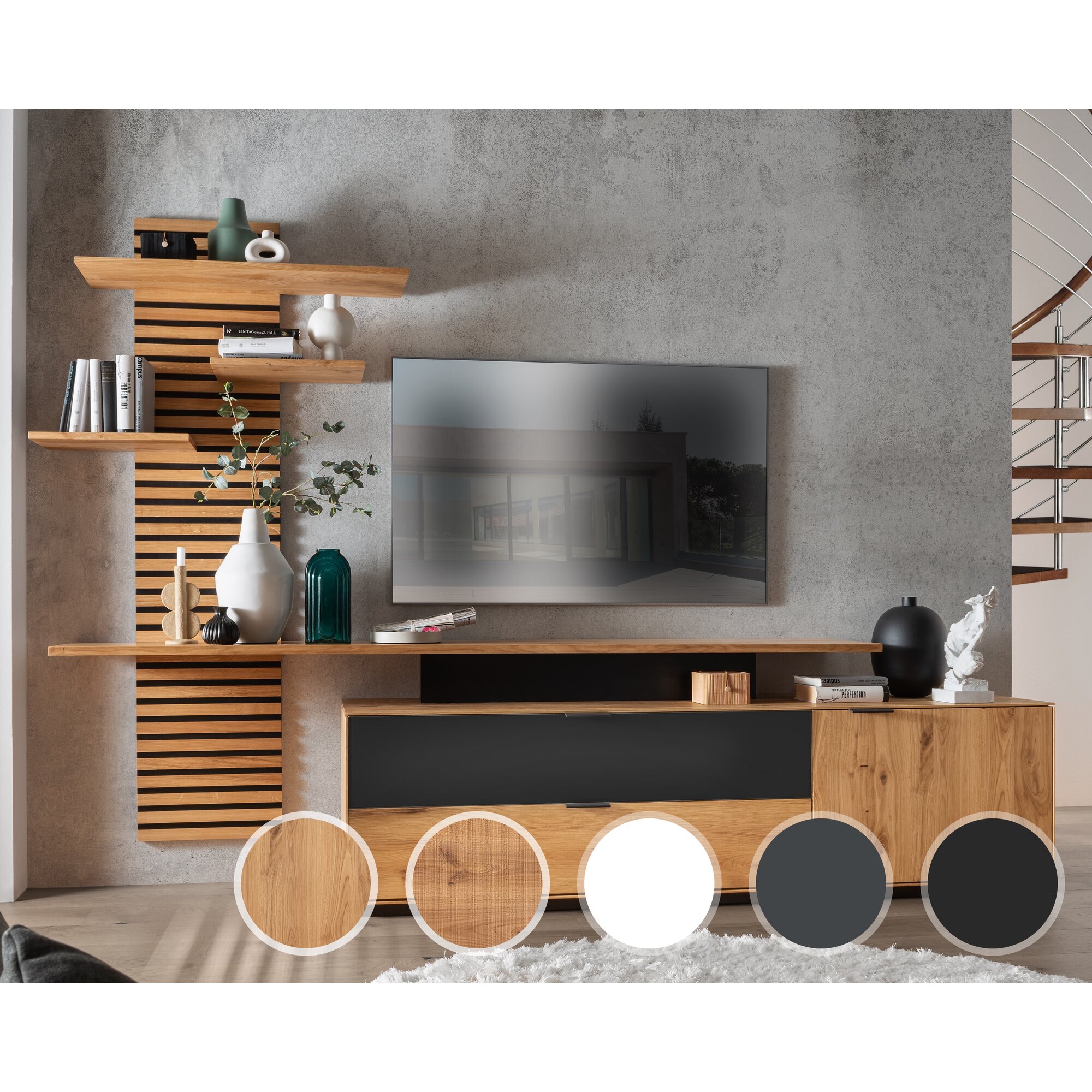 Massivholz »Lugano« Panel Wohnwand Hobelschlag Front / obere Schublade in Anthrazitglas