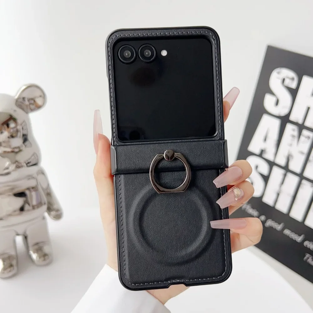 Für kabelloses Laden, magnetische Leder-Telefonhülle für Motorola Razr 50 40 Ultra Moto Razr 60 50, Ringscharnier-Schutzhülle Image