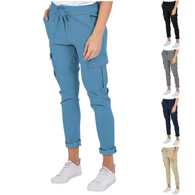 High-waisted Cargo Pants Women Drawstring Elastic-waist Pants with Multiple Pockets Pants for Women Solid Trousers Casual Ladies