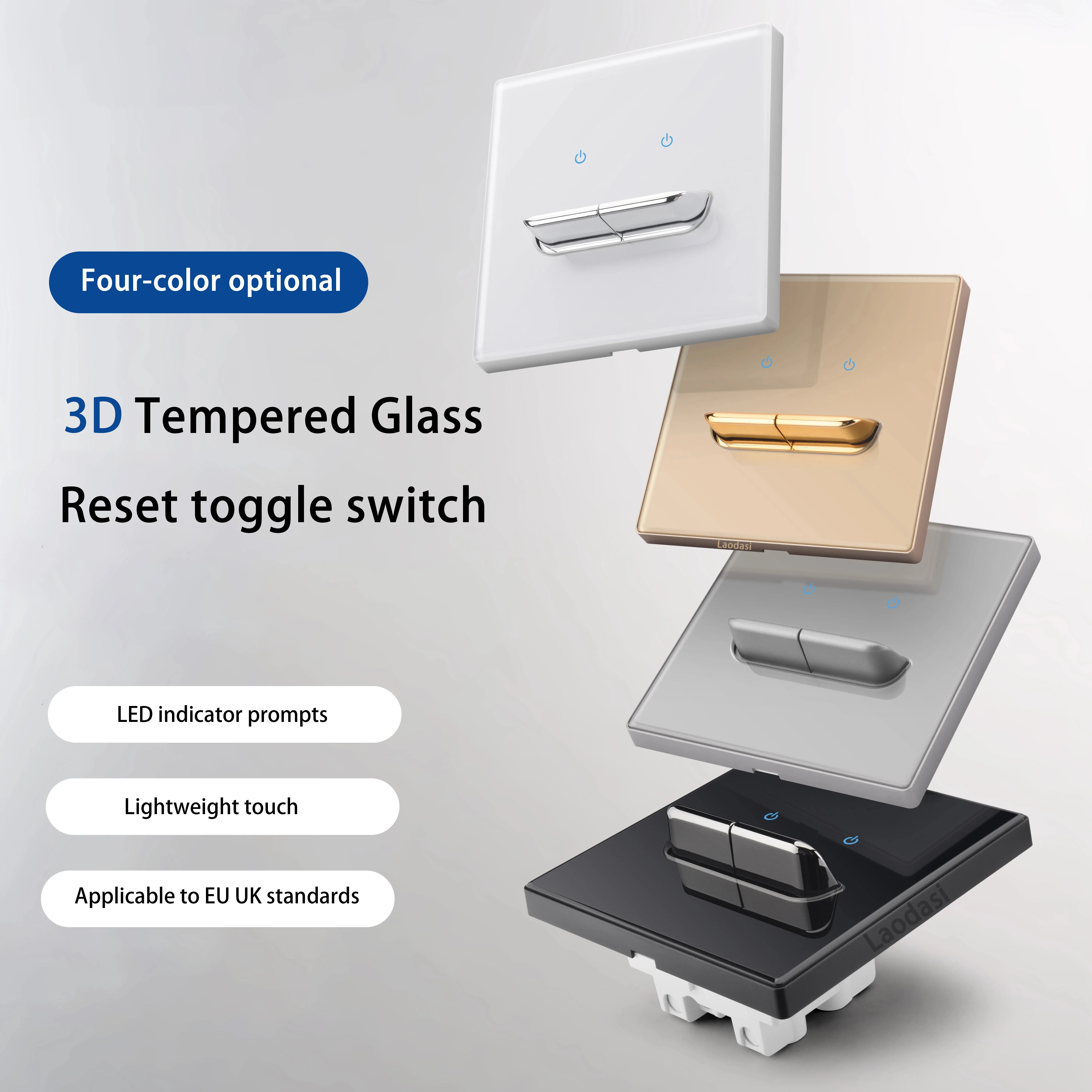 Europäischer französischer Standard-Kippschalter aus gehärtetem Glas mit LED-Anzeigeleuchte, Retro-Selbstreset-Schalter für 1, 2, 3, 4-Gang-Wandpaneele Image