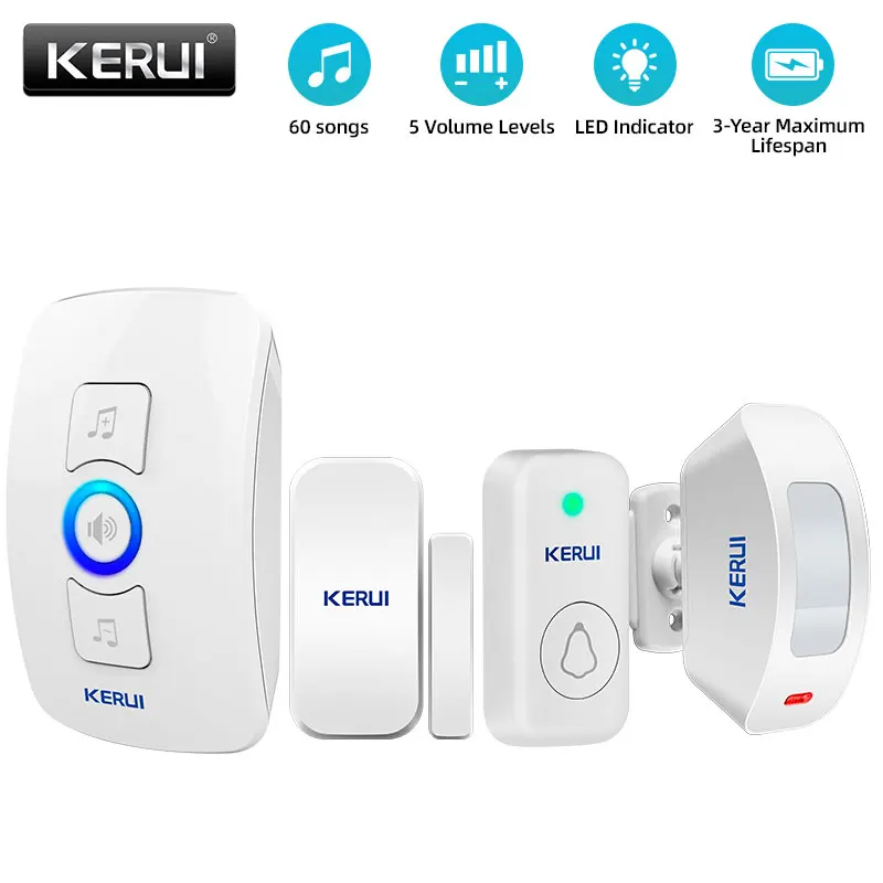 KERUI Drahtlose Türklingel Home Security Willkommen Chime Türklingel Funktioniert mit PIR Bewegungsmelder Türsensor Sound Alarm Ring Button