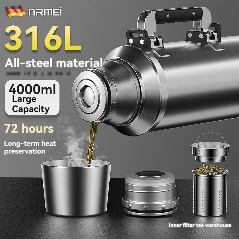 3L/4L Thermos-Wasserflasche, isoliert, große Isolierflasche mit Griff, auslaufsicher, Edelstahl, tragbar, perfekt für Tee im Freien Image