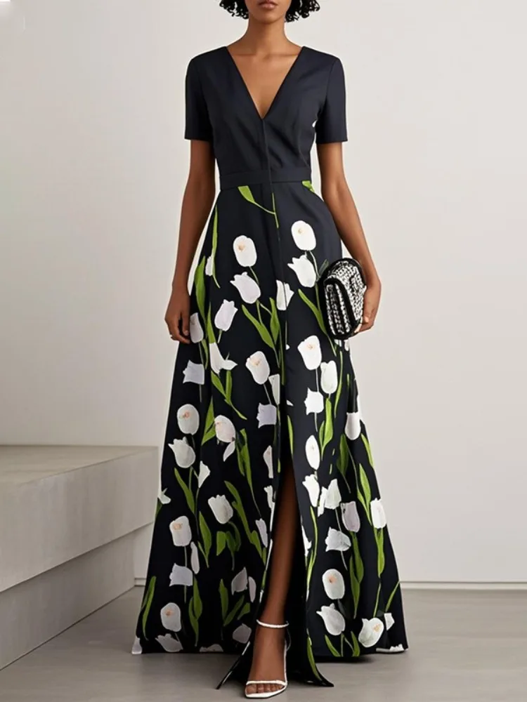 Yeezzi 2025 Camicie eleganti con scollo a V stampate floreali delle nuove donne Abito maniche corte con spacco sul davanti A-Line Abiti da sera per feste