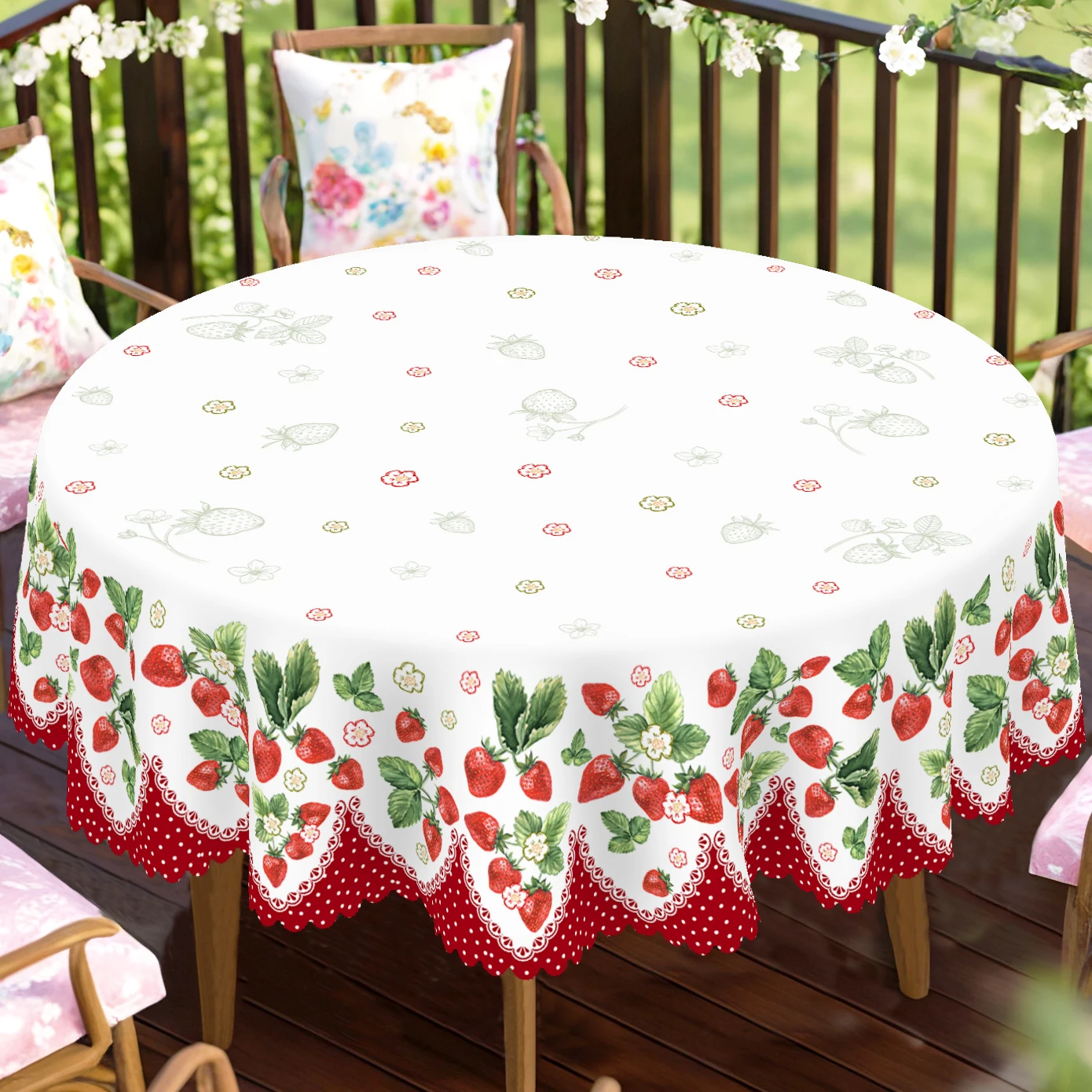 1-teilige runde und rechteckige Tischdecke mit Erdbeermotiv, erhältlich in verschiedenen Größen, rosa Erdbeermuster-Druckdesign, Frühling und Sommer, geeignet für die Küche zu Hause, Party-Tischdecke, Image