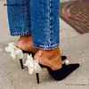 Mit Kunstperlen verzierte Satin-Pantoletten, spitze Zehen, dünne Absätze, Slip-On-Pumps, trendige, elegante Damenschuhe, Party, Hochzeit, Stilettos