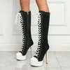 2025 Frauen Kniehohe Stiefel Plattform Dünne High Heel Damen Waden Stiefel PU Leder Kreuz Gebunden Runde Kappe Mode Frauen Schuhe Große Größe