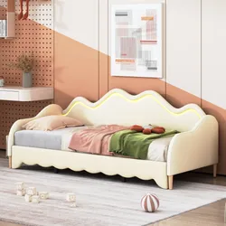 Lit enfant lit gigogne 90(180)x190cm, lit rembourré led avec cadre en bois, canapé-lit multifonction, PU, sans matelas, beige