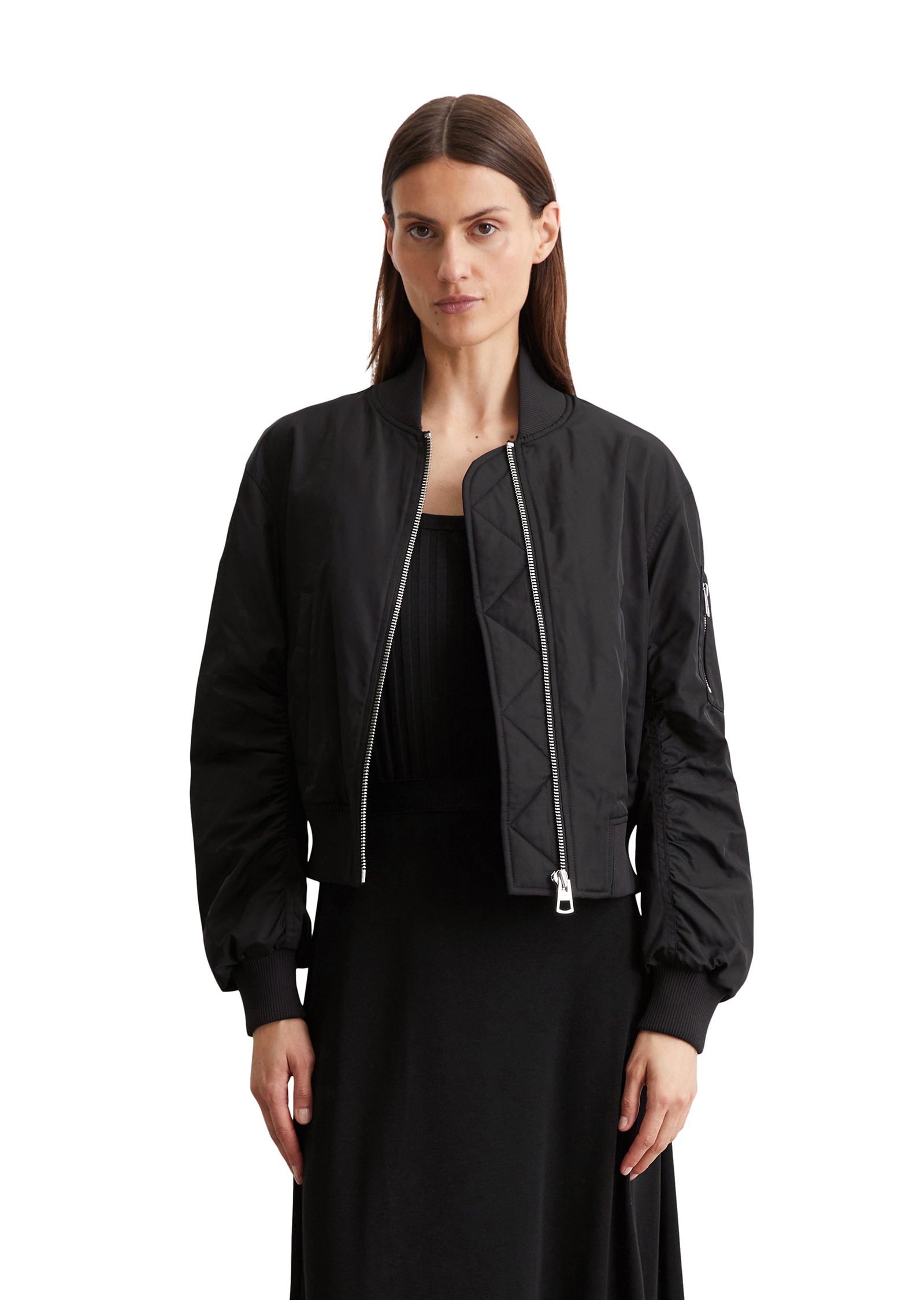 Outdoorjacke MARC O'POLO "aus recyceltem Polyester-Twill", Damen, Gr. 38, schwarz, Obermaterial: 100% Polyester; Füllung: 100% Nicht verfügbar; Futter: 100% Nicht verfügbar, unifarben, Casual, regular fit, Strickbündchen, Jacken