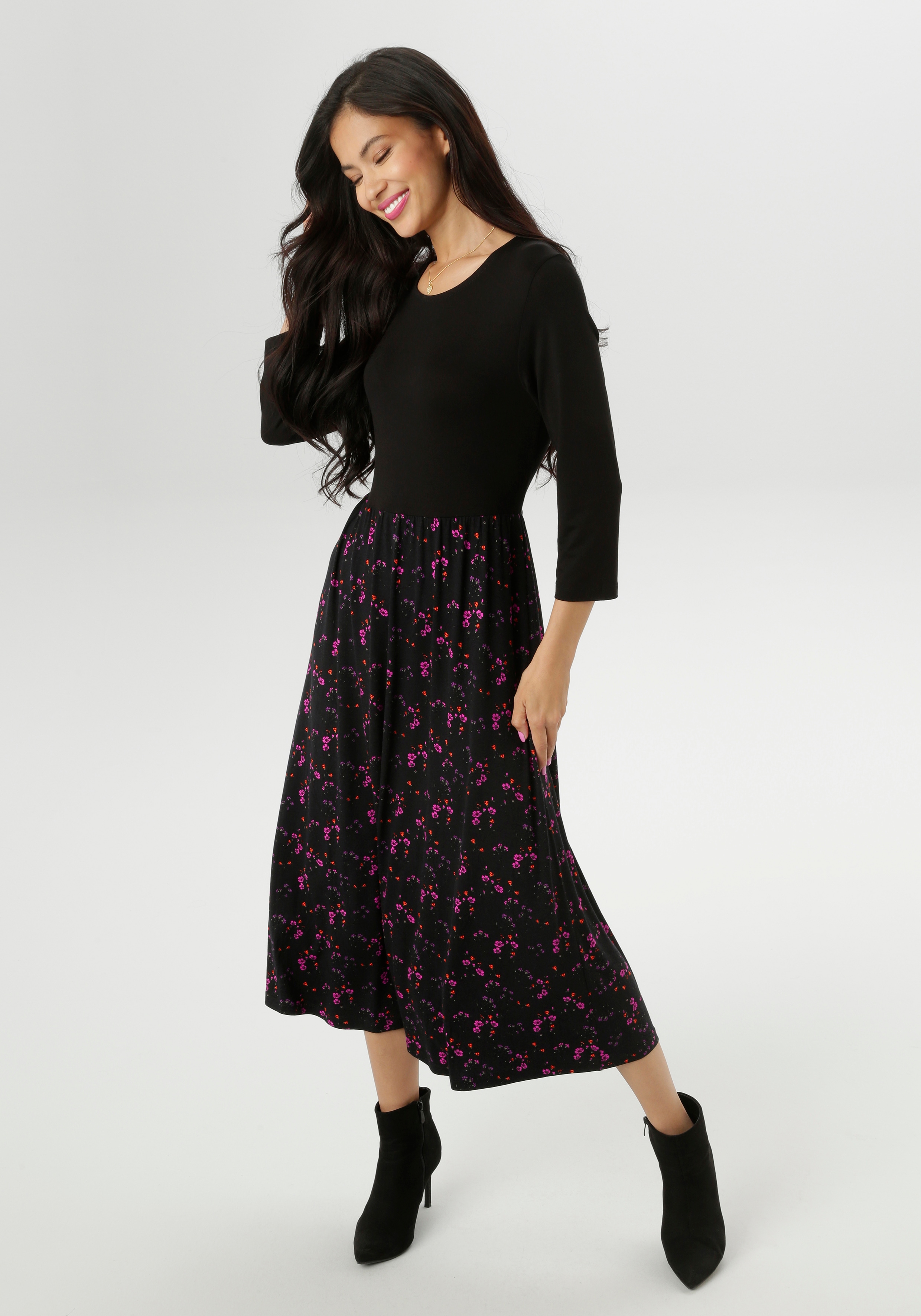 Midikleid ANISTON SELECTED, Damen, Gr. 44, N-Gr, schwarz, pink, lila, orange, khaki, Jersey;Single Jersey, Obermaterial: 95% Viskose, 5% Elasthan, geblümt, gemustert, Modisch, figurbetont Midi, Rundhals, Kleider, farbharmonischen, floralem... Image