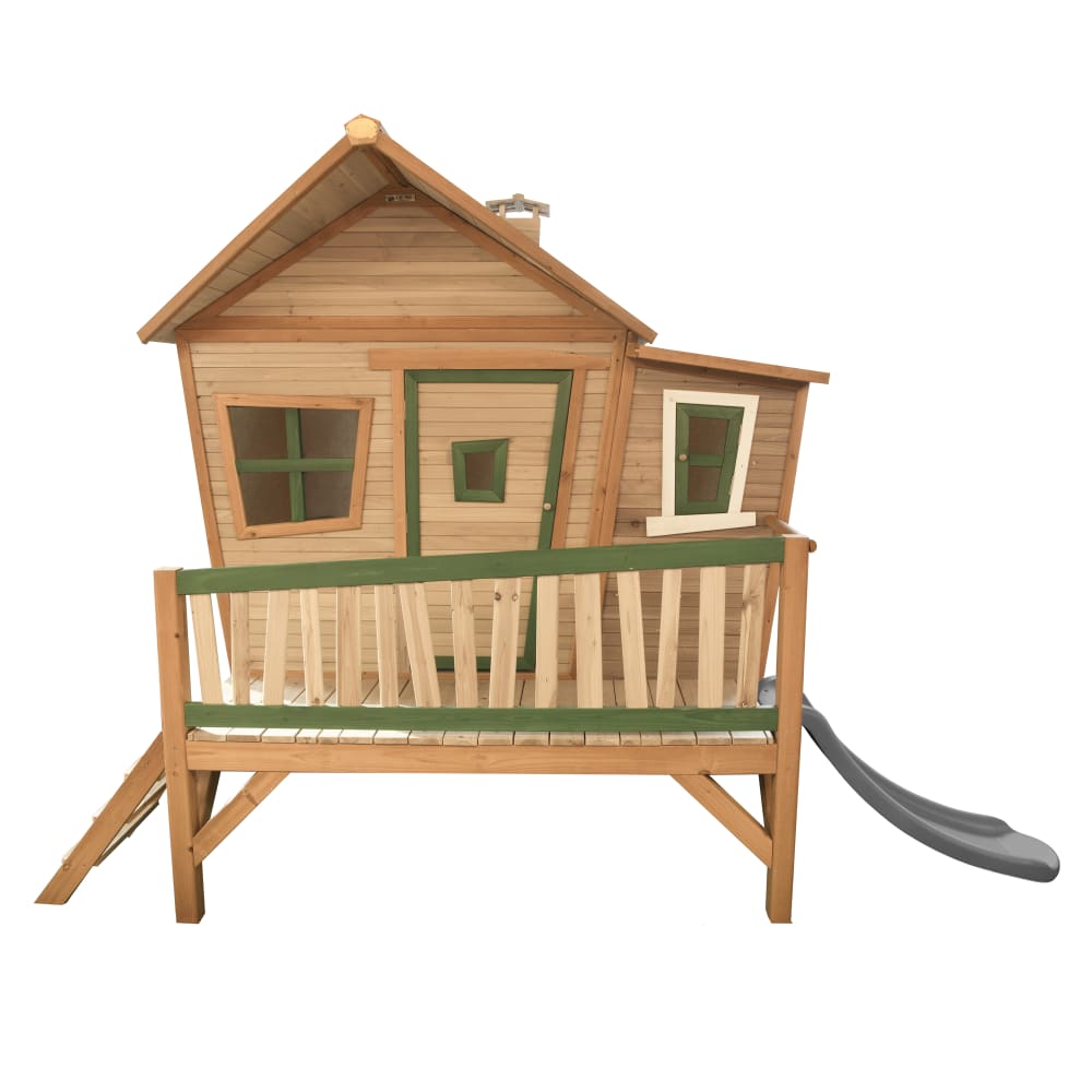 Casetta per bambini con scivolo grigio, legno FSC, marrone/verde