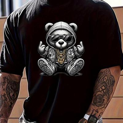 TEMU Men's Plus Size 100% Cotton T-shirt - Slim Neck Short Sleeve With Cartoon Bear Graphic Print, Casual For All , Machine Washable, Apparel, Durable Casualwear Image