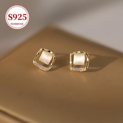 TEMU 925 Hypoallergenic Geometric Square Stud Earrings For Women, Trendy And Unique Ear Accessories, Valentine's Day & Mother's Day Gift Set With Anti-oxidation Storage Box, All Image