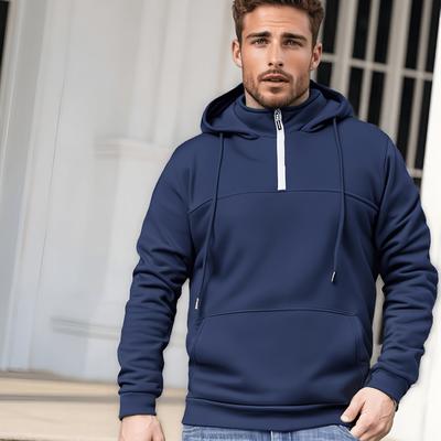 TEMU Solid Color Men's Hooded Sweatshirt, Casual Long Sleeve Half Zipper Hoodie, Fitness Sports Hooded Sweatshirt, For Winter Image