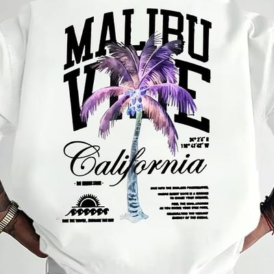 TEMU Kourrter Malibu California Graphic Tee For Men - Casual Crew Neck, Short Sleeve, Heavyweight Summer Shirt With Palm , Los Angeles 1995-1997 Print Image