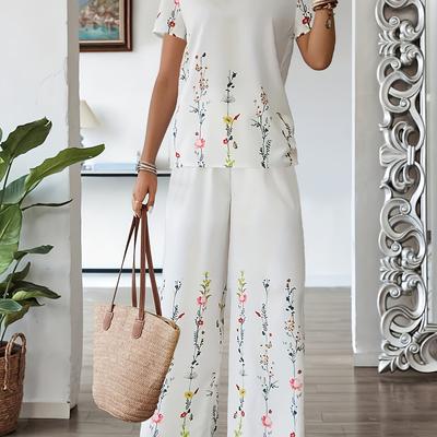 TEMU Women's Summer Floral Print Short Sleeve Blouse And Wide-leg Pants Set - Elegant Crew Neck, Lightweight Polyester, Casual Or Formal Occasions, Casual Attire|floral Print Top|woven Image