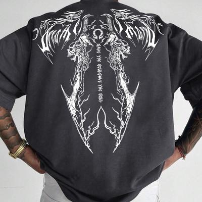 TEMU Men's Dark Anime Print T-shirt, Stylish Streetwear Graphic Tee With Flames & Swords Design, Casual Round Neck Short Sleeve Shirt For Summer, Casual Attir Image