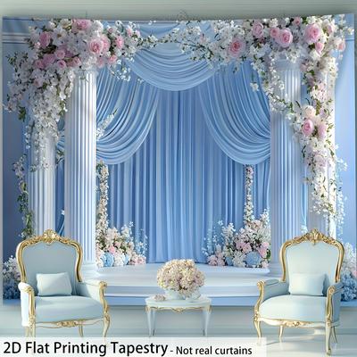 TEMU [ 2d Flat Printing Curtains] 1pc- Ultra Large Size- Elegant Light Blue Floral Landscape - Hd Digital Printing Huge Tapestry- Polyester- Home Decoration- With Free Hanging Clips Image