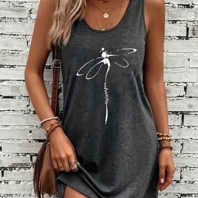 TEMU Print Sleeveless Dress For Women - Soft Fabric, , Gray With White Dragonfly Design, All , Dragonfly Themed Items Image