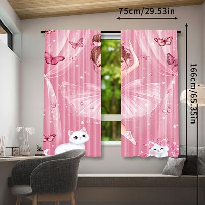 TEMU 2pcs, Cartoon Ballet Dancer And Kitty Print Curtains, , Semi-transparent Rod Pocket Drapes For Living Room, Bedroom, Princess Room & Study Home Decor Image