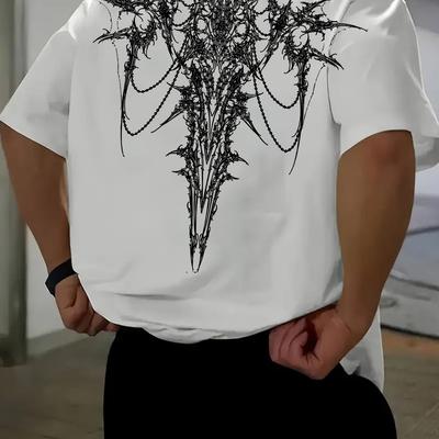 TEMU Men's Dark Gothic Print Crew Neck Short Sleeve T-shirt - Stylish Streetwear With Intricate , Casual Attire, Tee|gothic Print Tee|stretchy Fabric Image