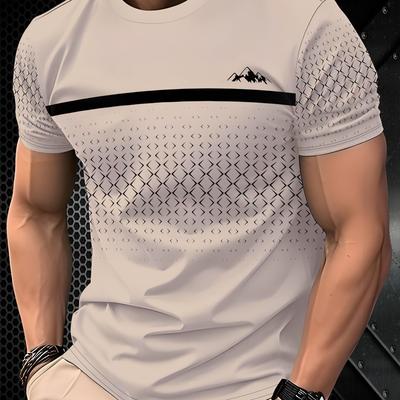 TEMU Men' Graphic Print Short Sleeve T-shirt - Casual & Sporty, Breathable Mesh Design, Logo, Regular Fit, Summer Essential, Summer Casual Wear | Mountain Logo Shirt | Mesh Fabric Shirt Image
