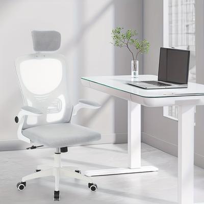 TEMU Ergonomic Office Chair, Mesh, Adjustable Headrest & Lumbar Support, 90° Flip-up Armrests, Breathable High Back, Widened Cushion, Swivel Desk Chair For Home, Study, Office, Black & White Image