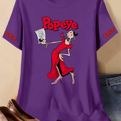 TEMU Plus Size Women's Cartoon Graphic T-shirt - Retro Comic Design, Fabric, Round Neck Casual Short Sleeve Top For , Machine Washable, Elegant Style Shirt, Classic Round Neck, Durable Fabric Shirt Image