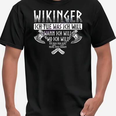 "TEMU Men's "wikinger Ich Tue Was Ich Will" Graphic T-shirt - Black Casual Short Sleeve Tee With Norseman Design, Cotton, Regular Fit, Casual Wear | Theme Shirt | Cotton Fabric" Image