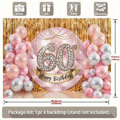 "TEMU 1pc Rose Golden 60th Birthday Party Banner - Glittery Polyester Backdrop With "happy Birthday" Text, Balloon Decorations & For Home, Room, And Wall Decor, Birthday Party Decorations" Image