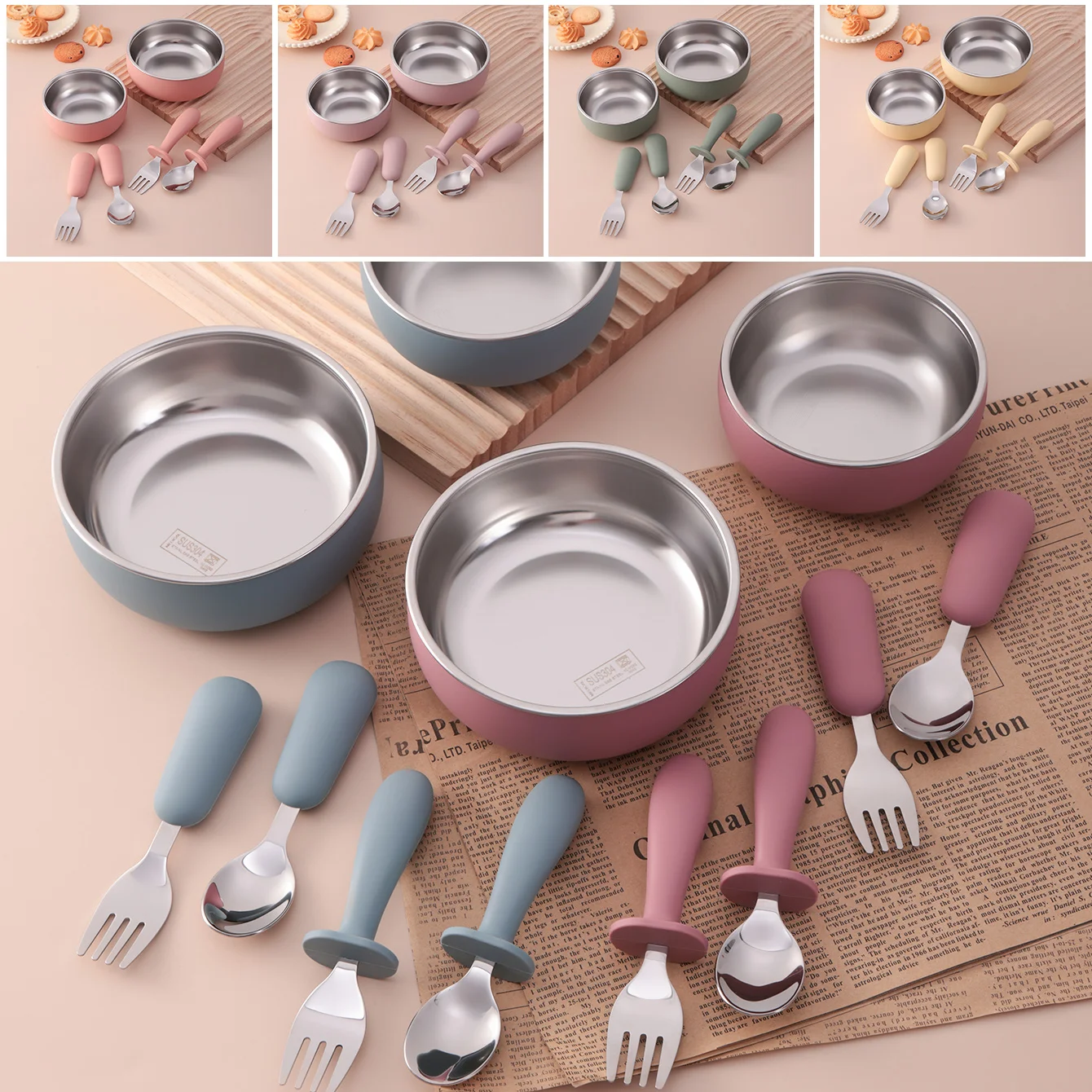 Farbe Kinder 4PCS Baby Edelstahl Geschirr Set Silikon Saug Fütterung Schüssel Kleinkind Gabel Löffel Utensilien BPA FREI Geschirr Image