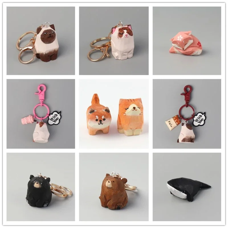Handgemachte Holzschnitzerei Shiba Inu Hund Bär Ragdoll Katze Schlüsselanhänger Niedlicher Fuchs Wal Kaninchen Holzdekoration Kawaii Tier Schlüsselanhänger Geschenk Image