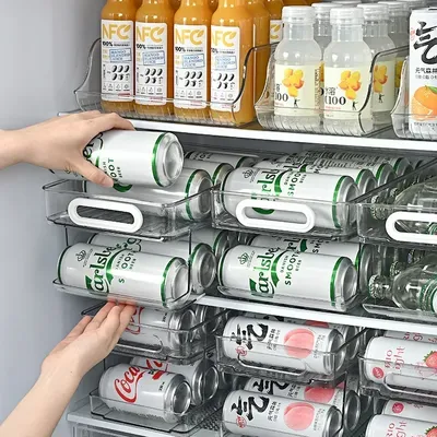 Stackable Refrigerator Organizer Bins Pop Soda Can Dispenser Beverage Holder for Fridge Clear Plastic Canned Food Storage Rack