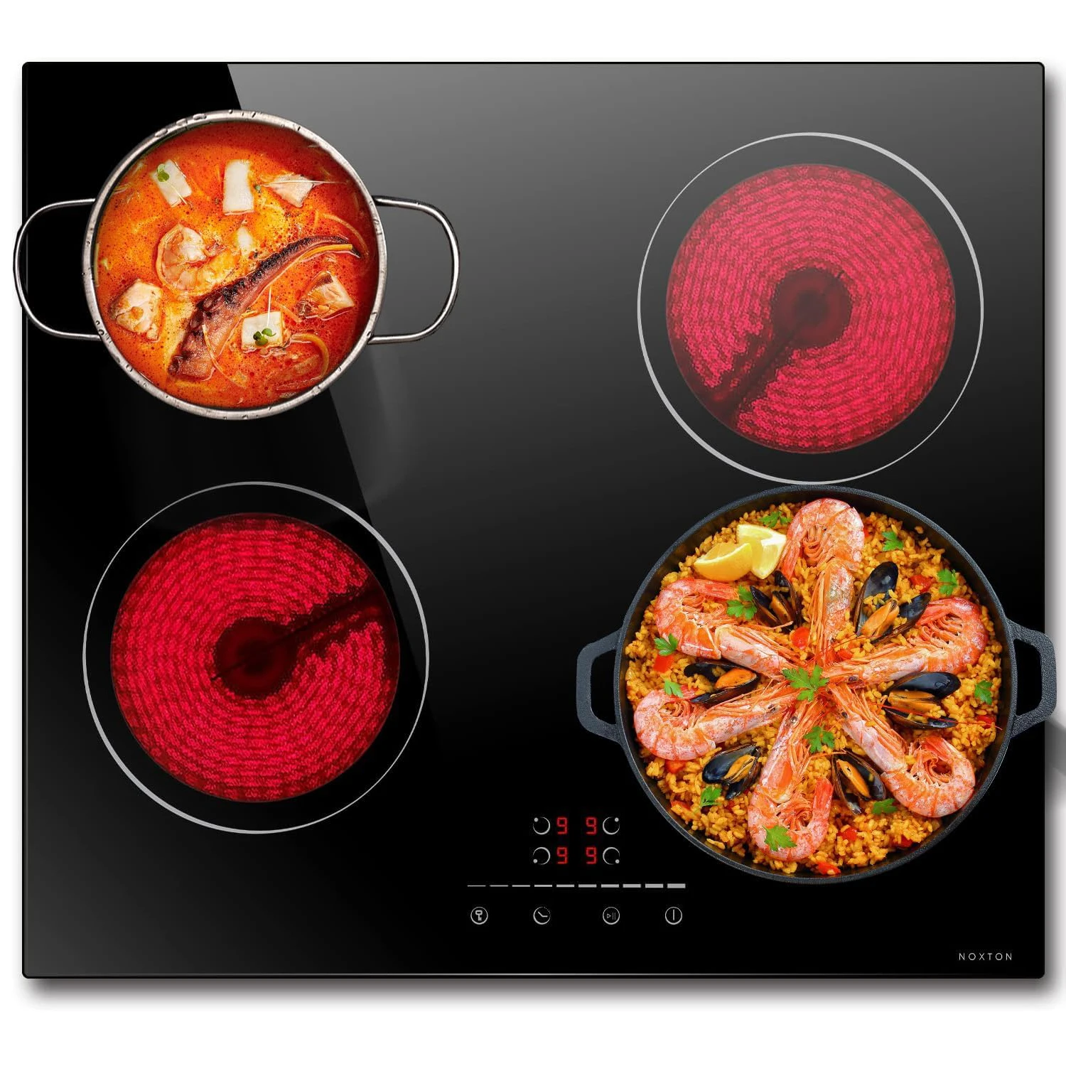 NOXTON Keramik-Kochfeld 60 cm, integriert, schwarz, Slider Touch, elektrisch 6000 W, Sicherheitsschloss, Pause, Timer, kein Stecker, hart verkabelt, 220–240 V