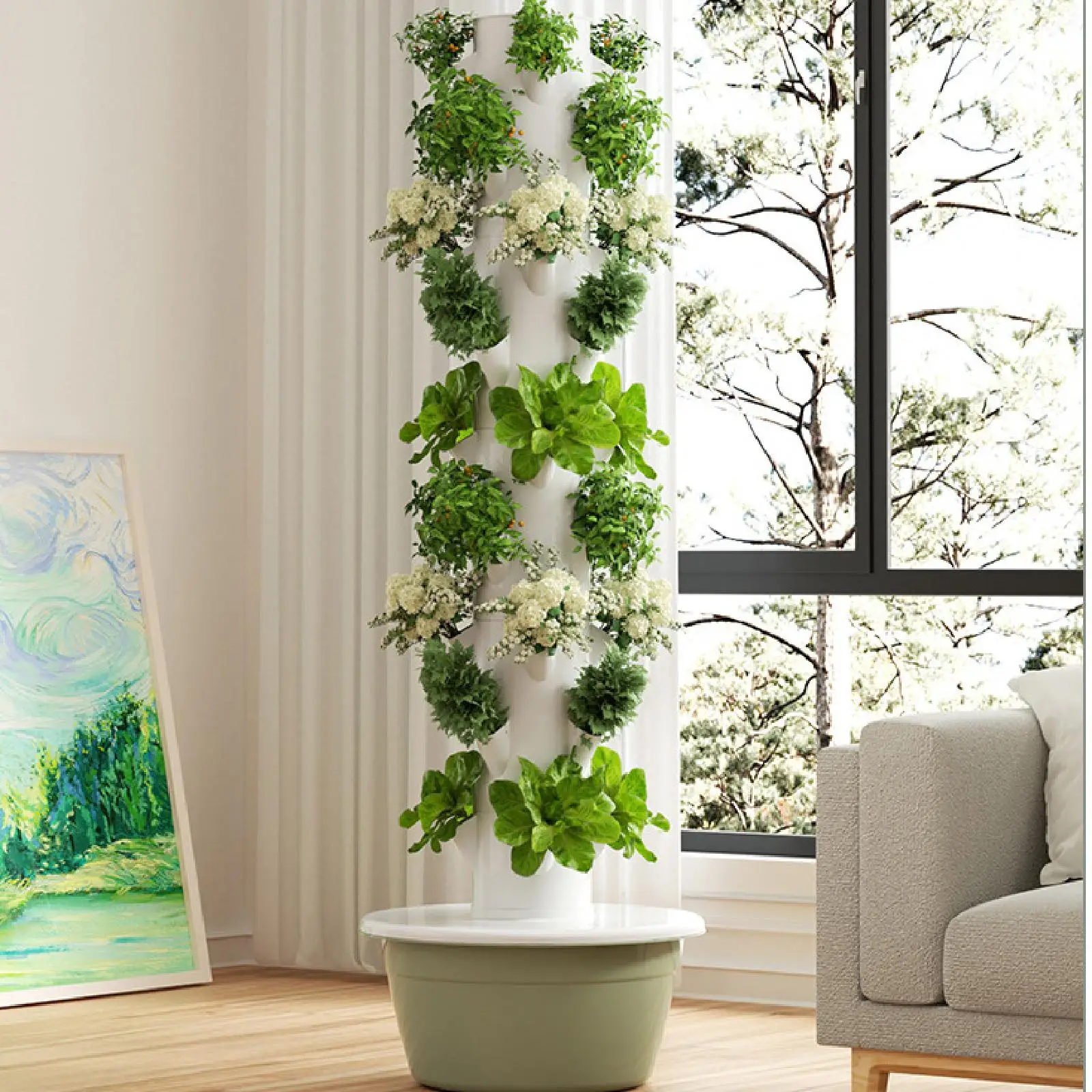 Hydrokultur-Turm mit Wasserpumpe, erdloses Hydrokultur-Anbausystem-Set für Haus, Garten, Erdbeeren, Blumen, Paprika, US-Adapter Image