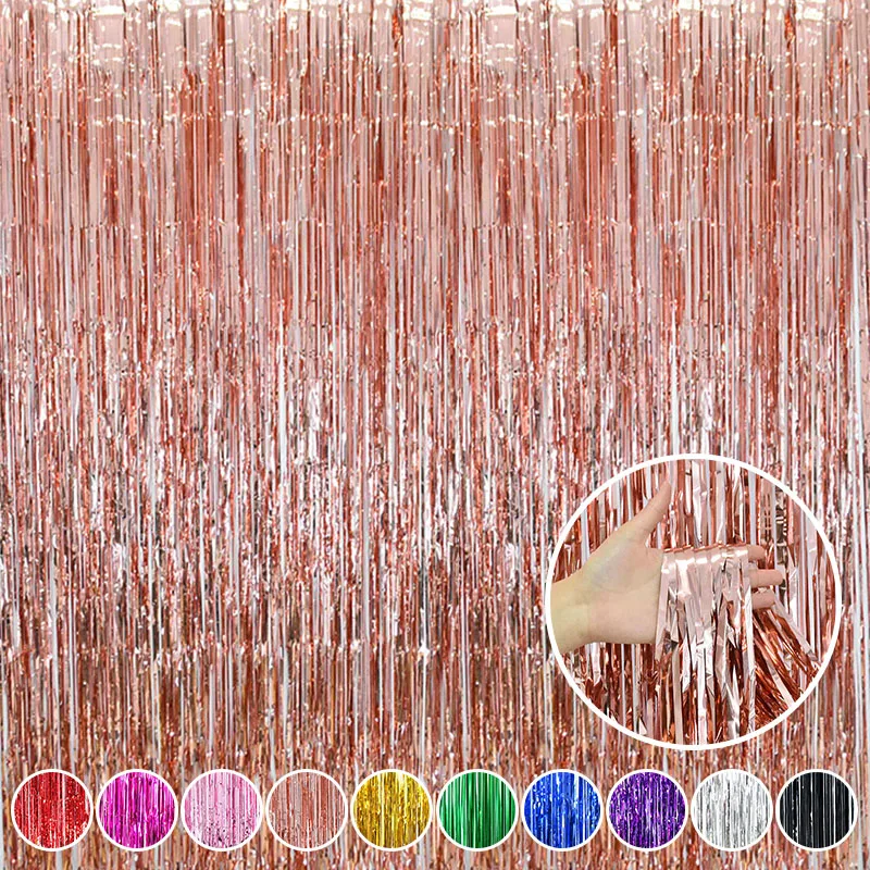 2PCS Regen Vorhänge 1x2M Mit Quaste Trim Für Hochzeit Geburtstag Party Decor Glänzend Hintergrund Wand foto Hintergrund Liefert Image