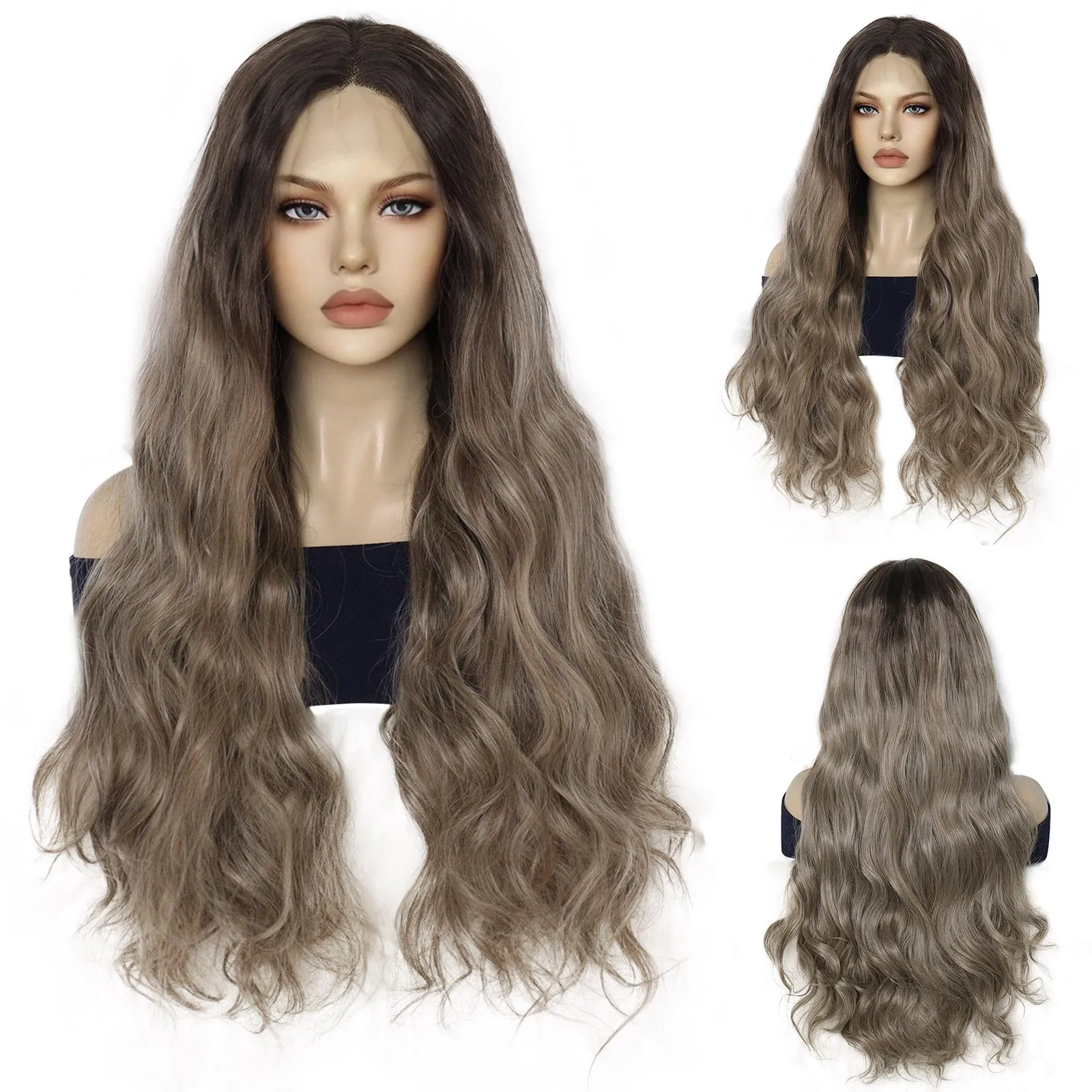 Synthetische 13*3,5*1 T-Form lange hybride graue gewellte Lace-Front-Perücke für den täglichen Gebrauch von Frauen Image