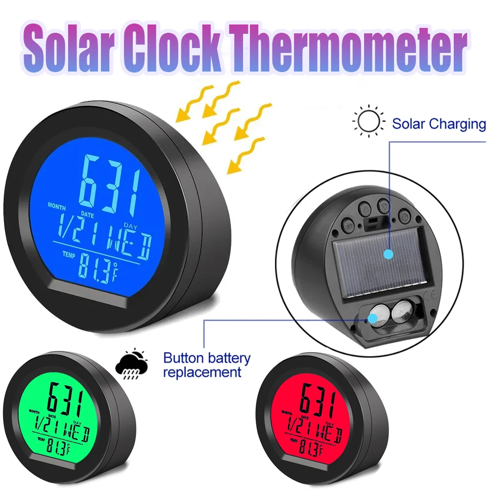 Solar Auto Digitaluhr Datum Thermometer LCD Leucht anzeige für Armaturen brett Uhr Auto Innen kleber Innen zubehör Image