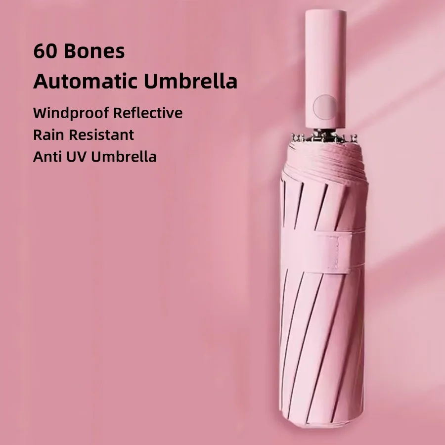 Vollautomatischer, umgekehrter Faltschirm mit 60 Knochen und winddichten, reflektierenden UV-Regenschirmen Image