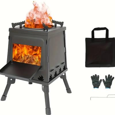 1pc Wood Barbecue Camp Stove Outdoor Picnic Barbecue Travel Portable Cast Iron Wood Stove Black